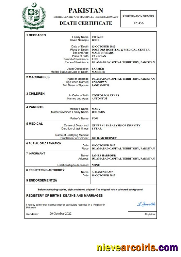 Pakistan death certificate